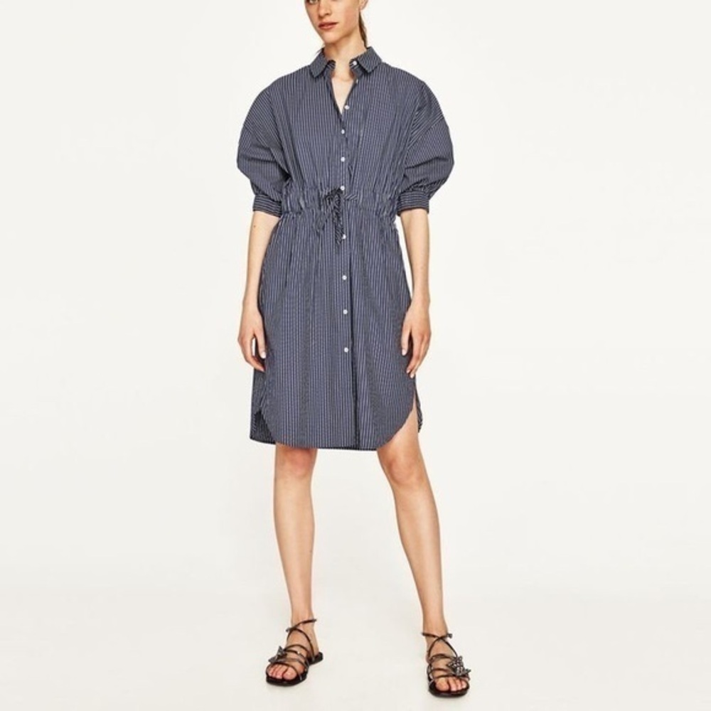 Zara Blue & White Striped Button Down Shirt Dress